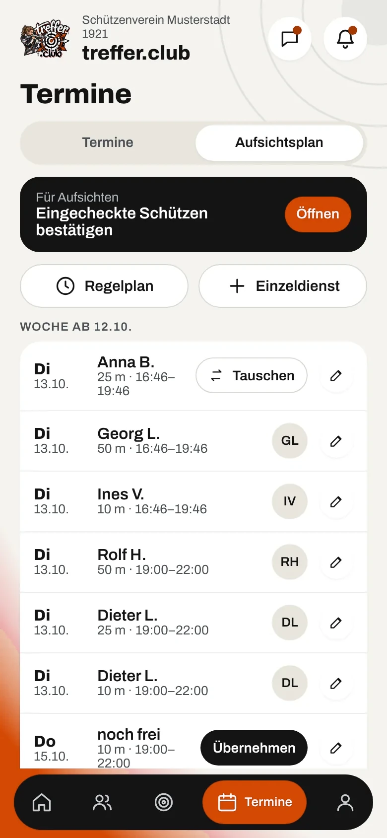 Aufsichtsplan mit Diensten je Stand (Beispieldaten)