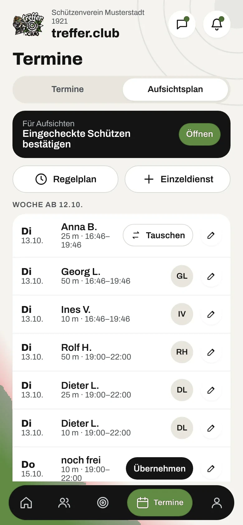 Aufsichtsplan mit Diensten je Stand (Beispieldaten)