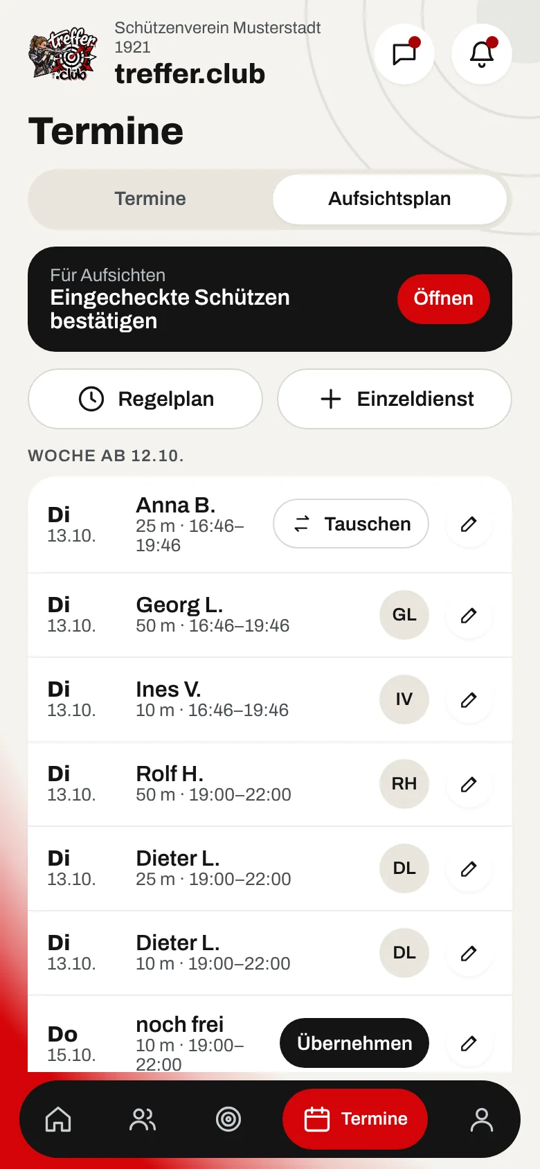 Aufsichtsplan mit Diensten je Stand (Beispieldaten)