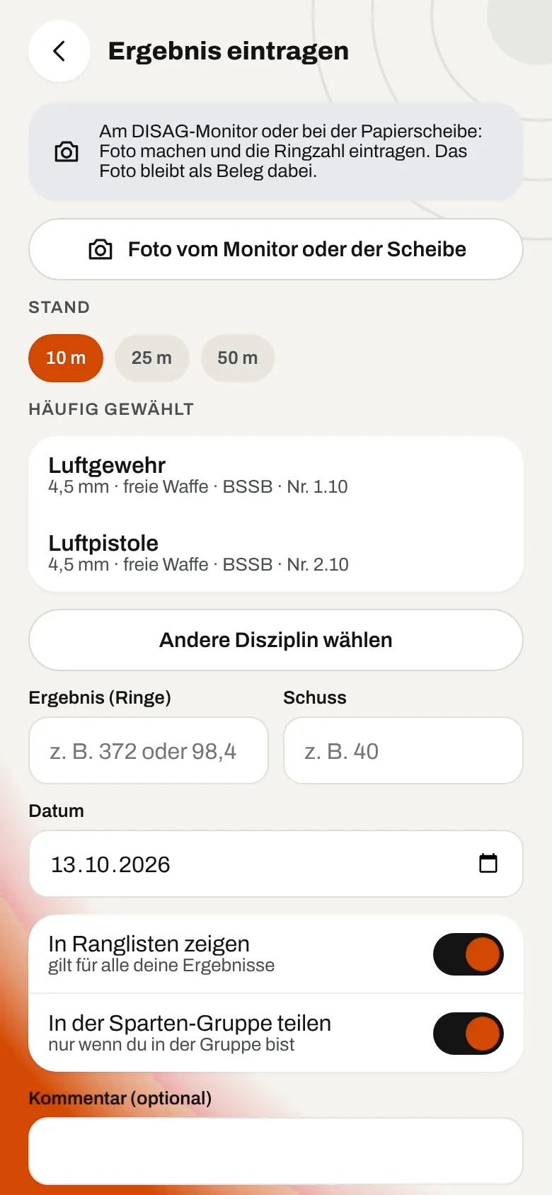 Ergebnis eintragen (Beispieldaten)