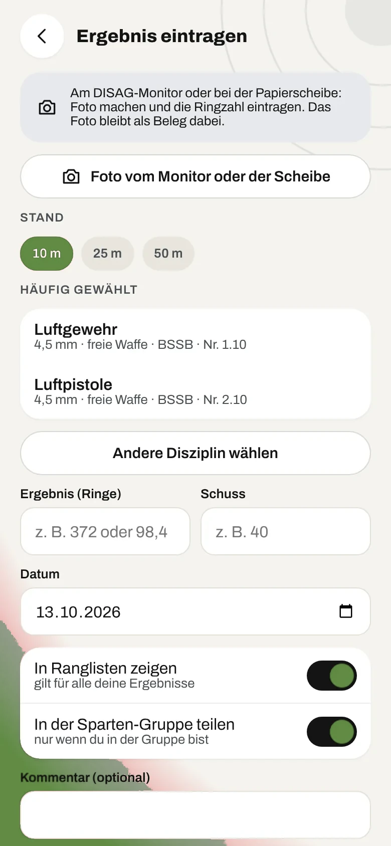 Ergebnis eintragen (Beispieldaten)