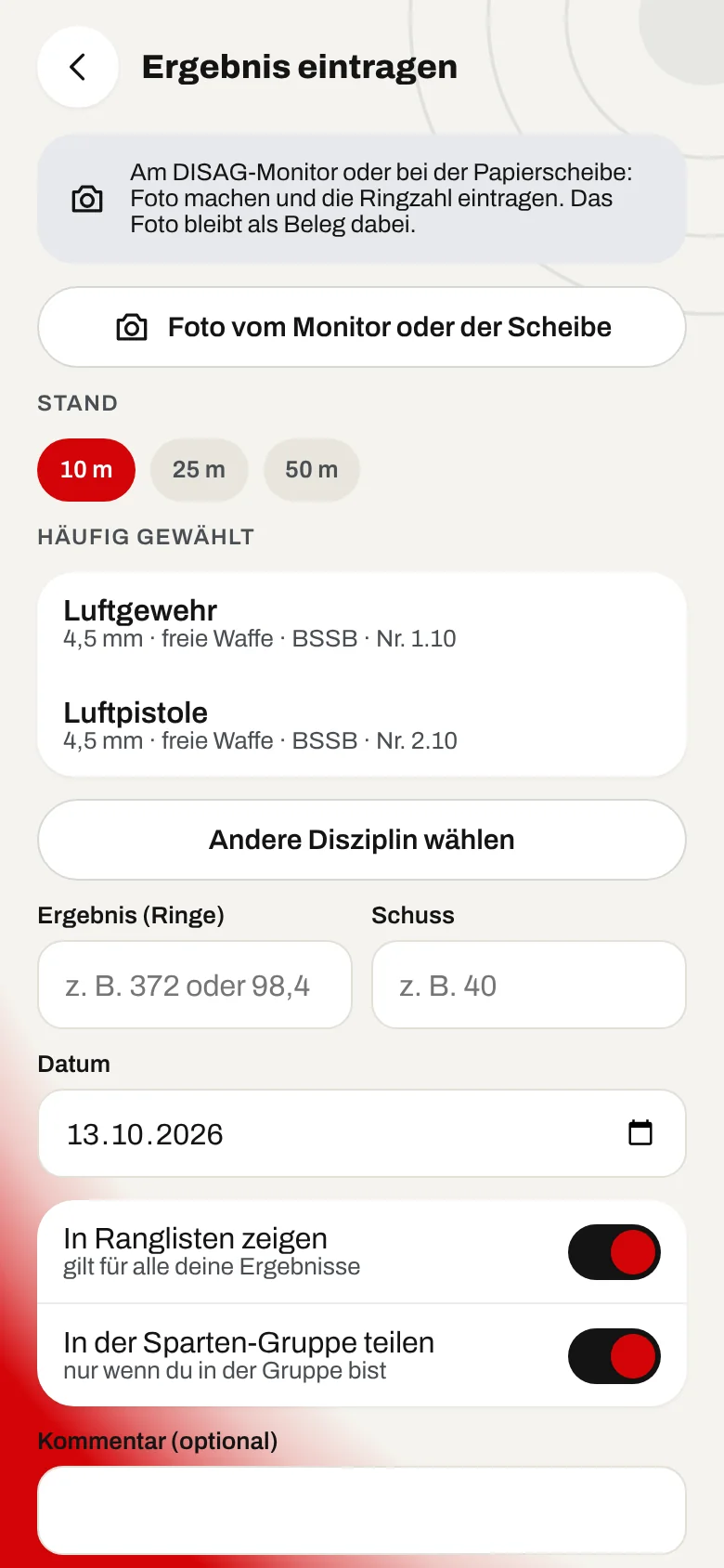 Ergebnis eintragen (Beispieldaten)