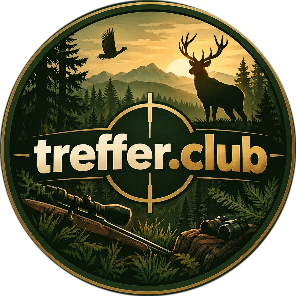 treffer.club – jagdliches Wappen: Hirsch im Wald mit Zielfernrohr