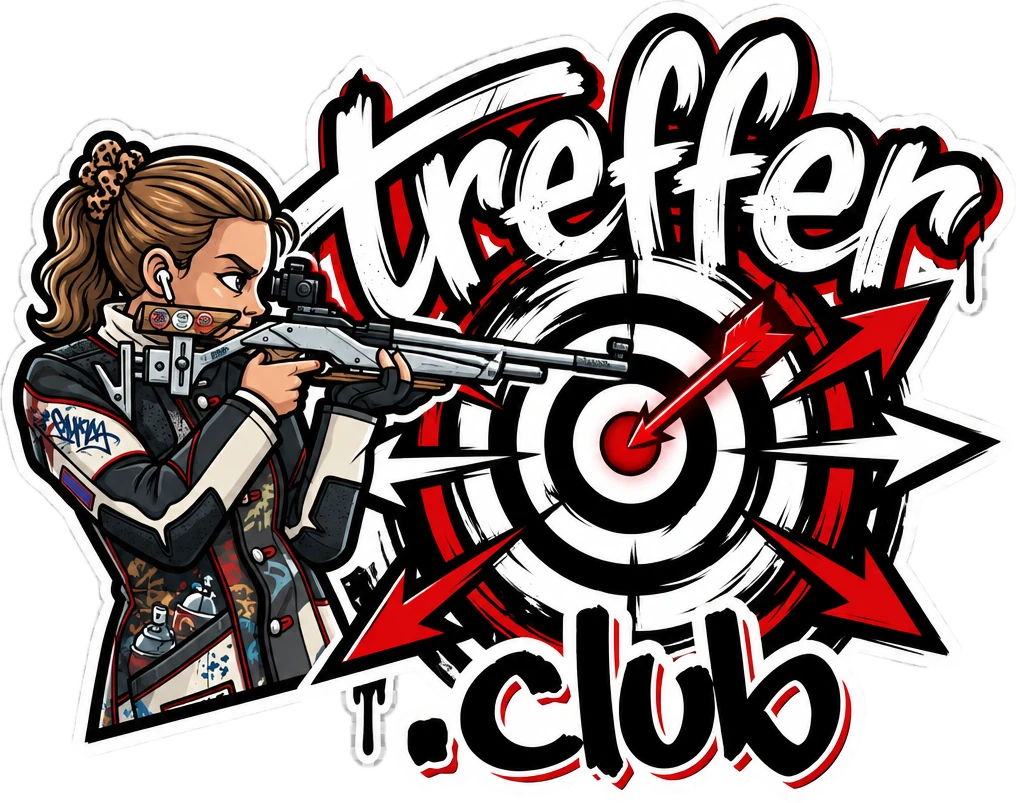 treffer.club: eine Schützin im Anschlag vor einer Zielscheibe mit roten Pfeilen
