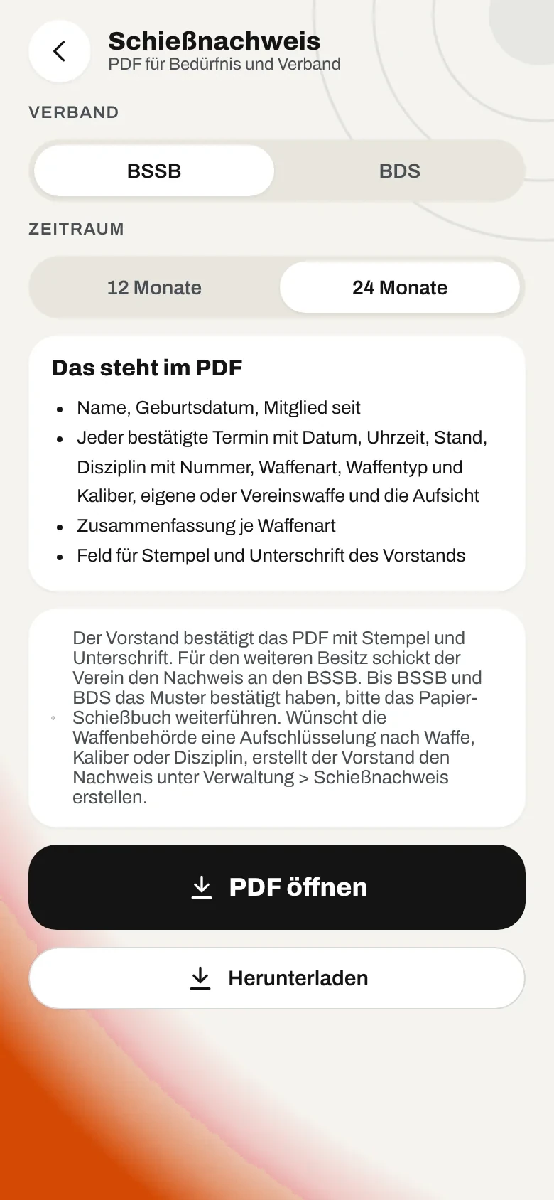 Nachweis als PDF mit Feld für Stempel und Unterschrift (Beispieldaten)