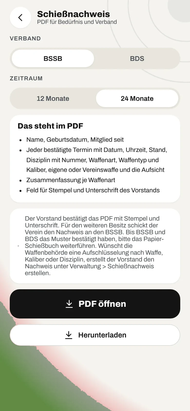 Nachweis als PDF mit Feld für Stempel und Unterschrift (Beispieldaten)