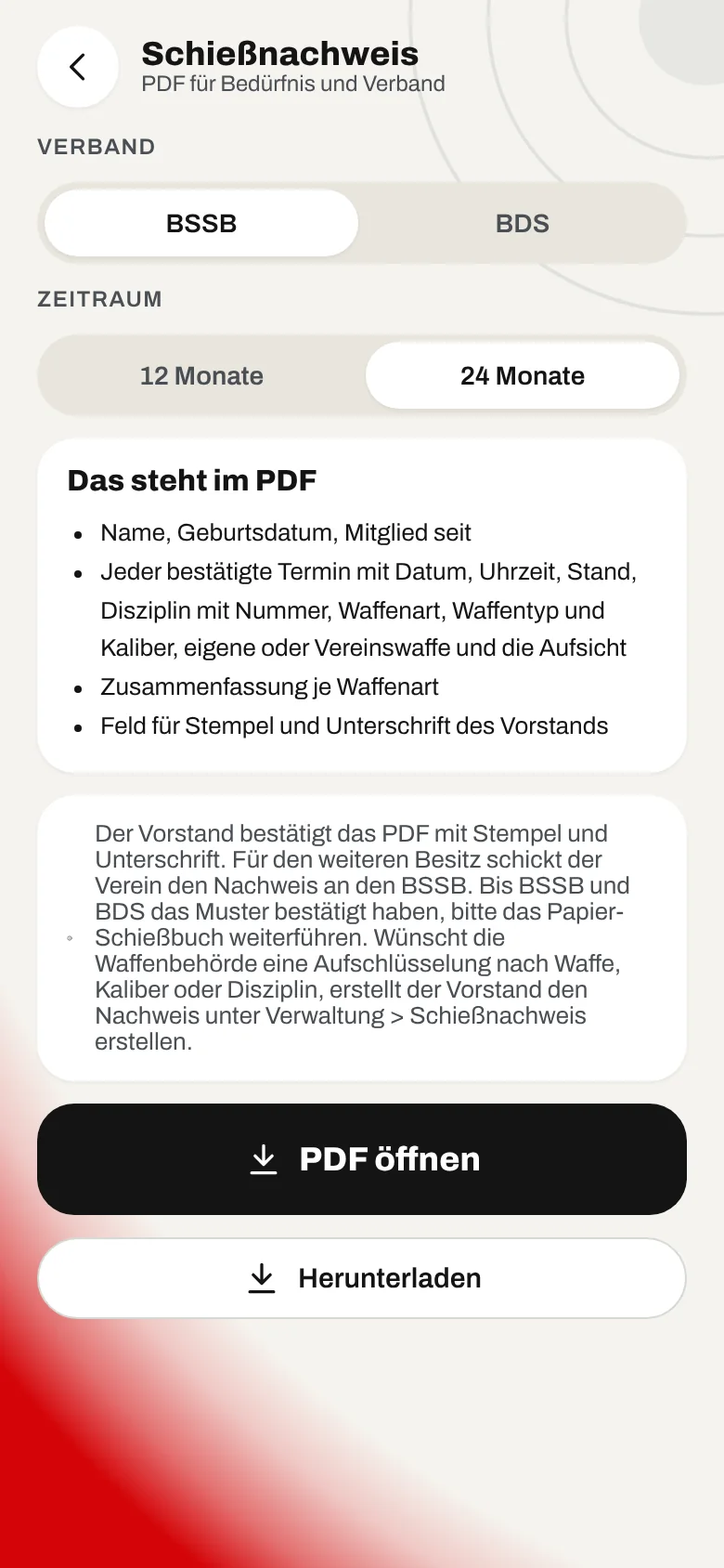 Nachweis als PDF mit Feld für Stempel und Unterschrift (Beispieldaten)