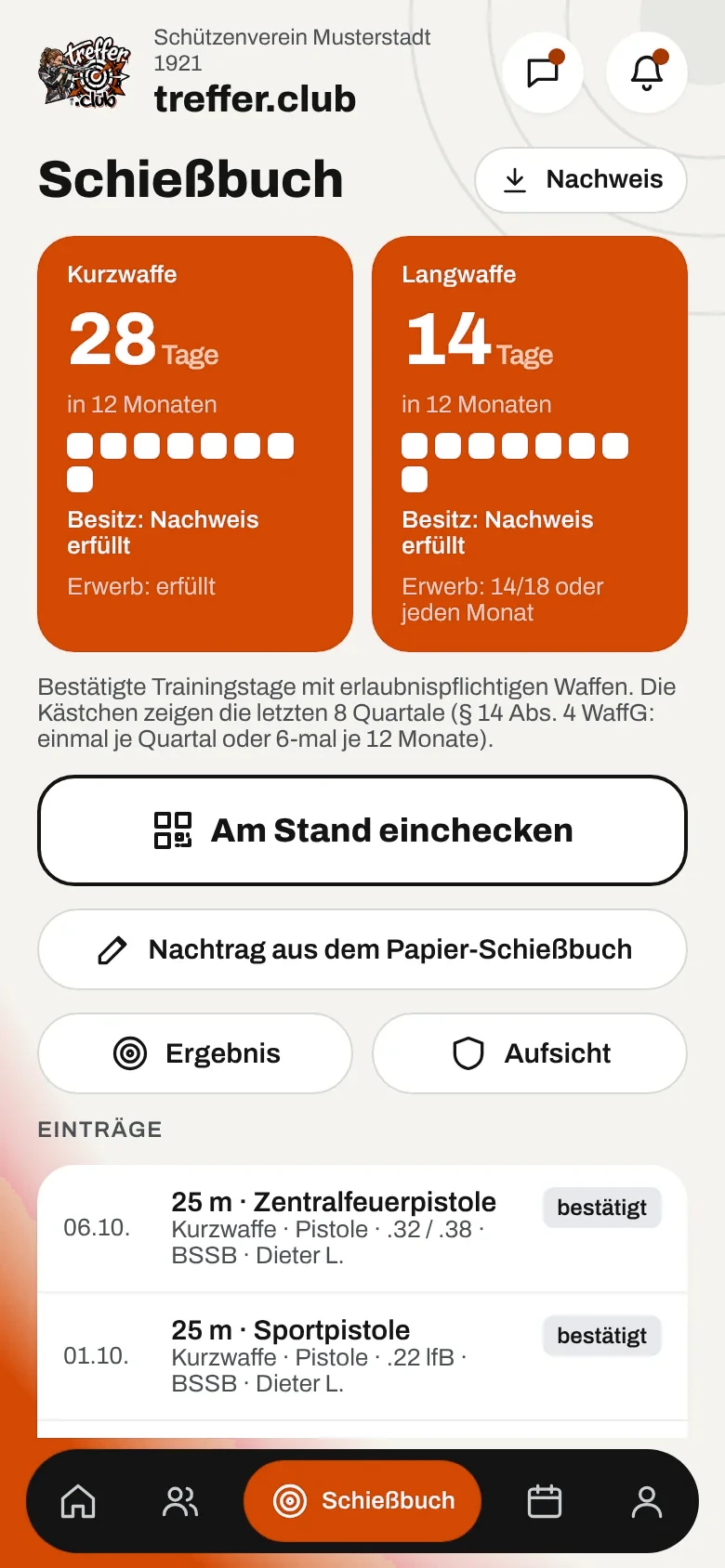 Schießbuch mit bestätigten Einträgen (Beispieldaten)