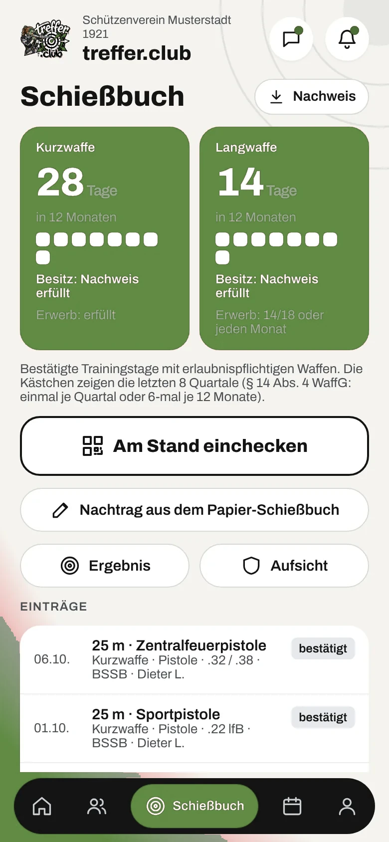 Schießbuch mit bestätigten Einträgen (Beispieldaten)