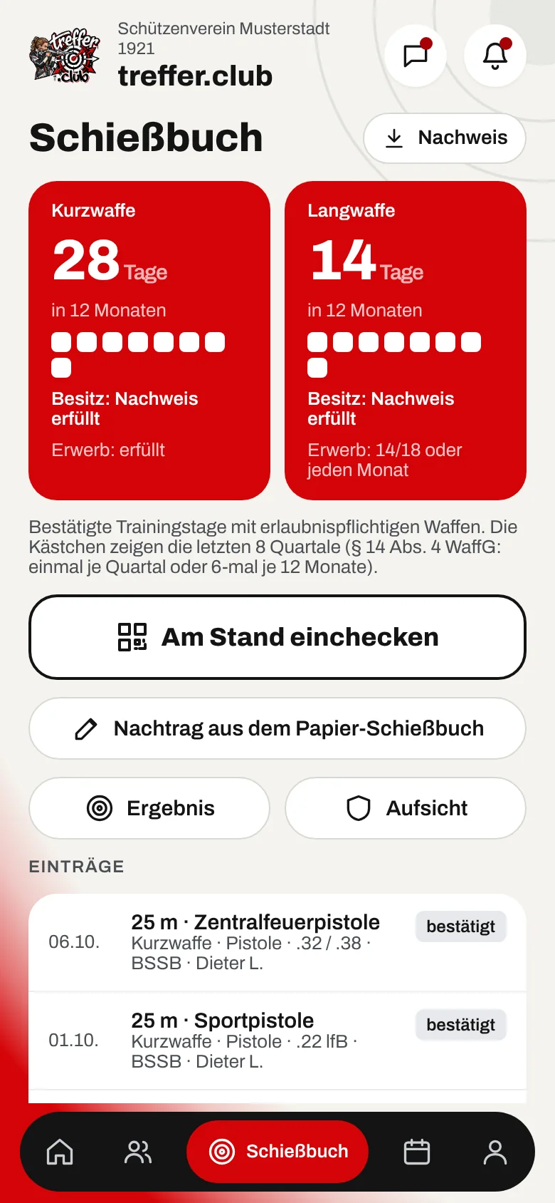 Schießbuch mit bestätigten Einträgen (Beispieldaten)