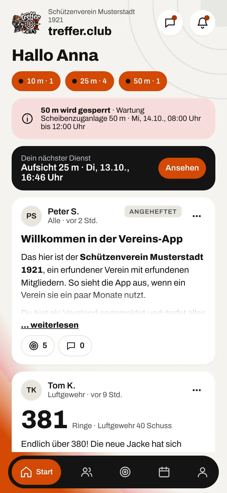 Startseite der App mit Neuigkeiten, Terminen und Umfragen (Beispieldaten)