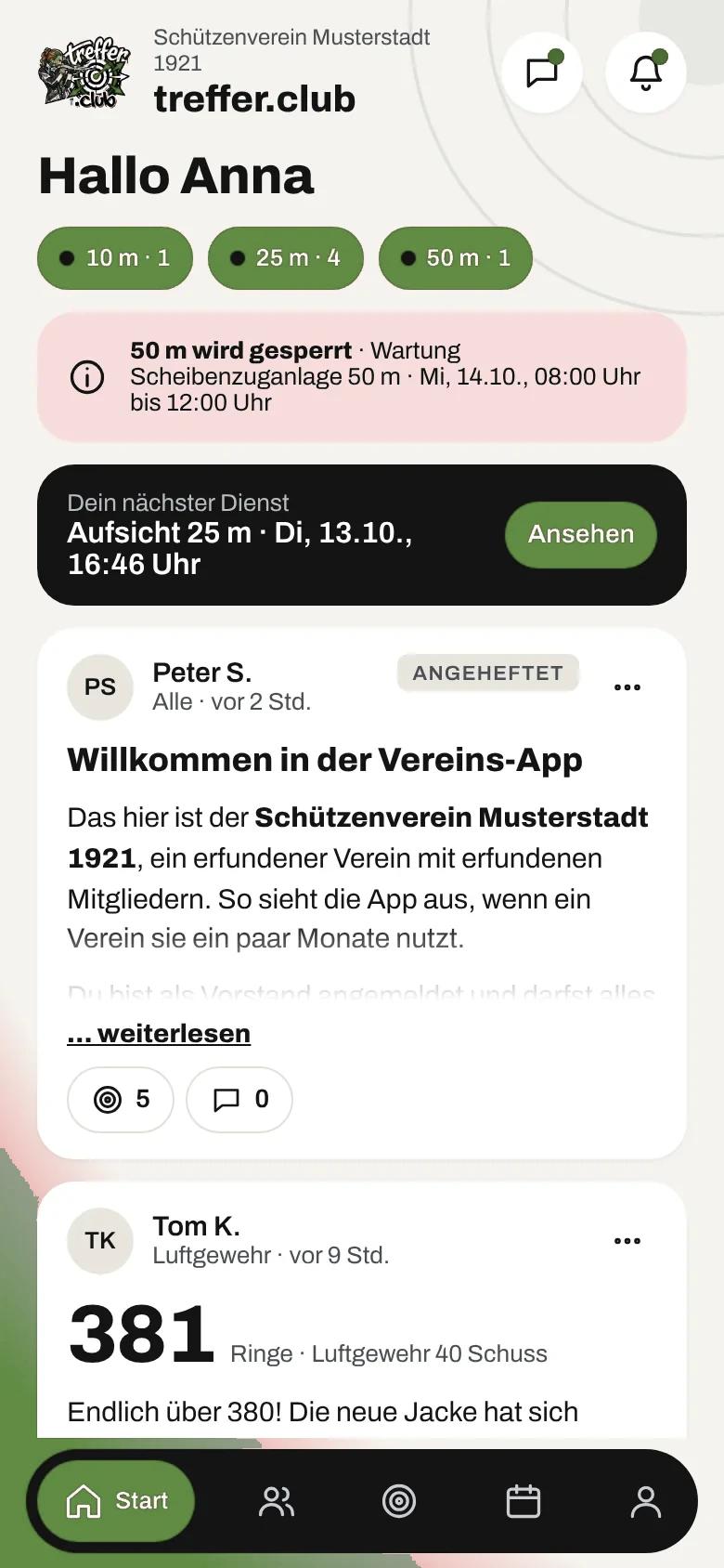 Startseite der App mit Neuigkeiten, Terminen und Umfragen (Beispieldaten)