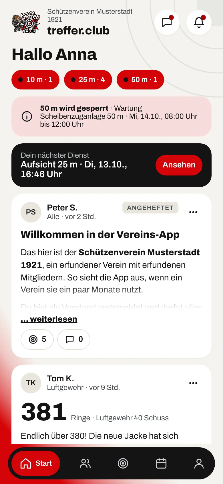 Startseite der App mit Neuigkeiten, Terminen und Umfragen (Beispieldaten)
