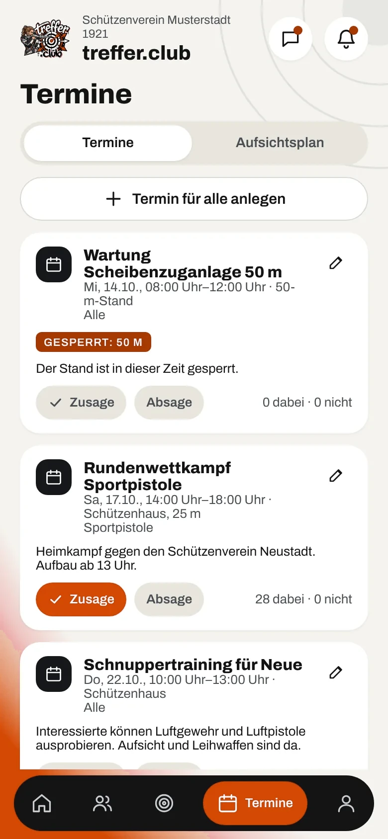 Terminübersicht mit Zu- und Absagen (Beispieldaten)