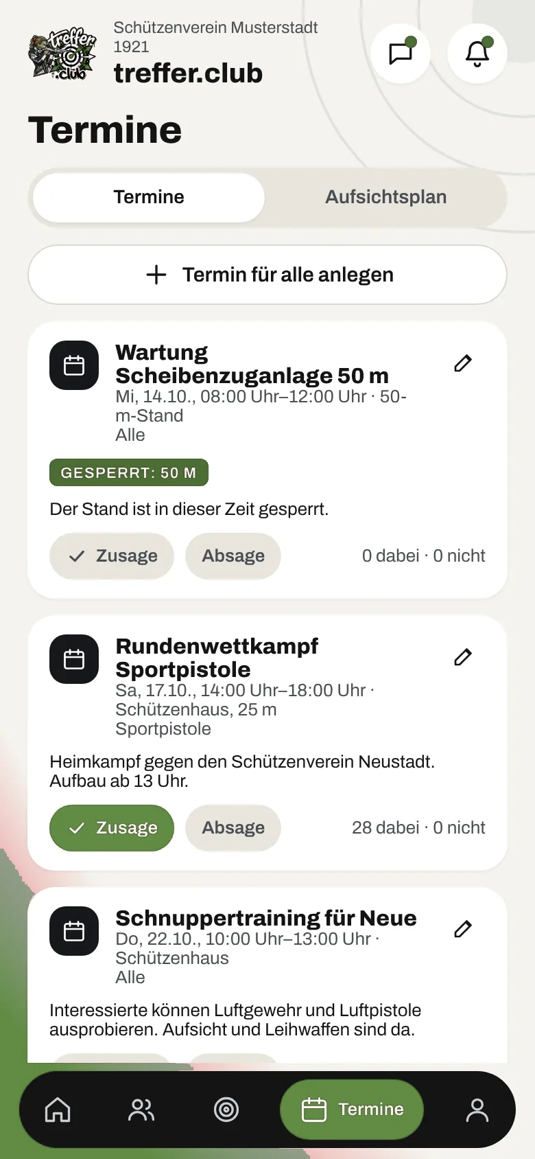 Terminübersicht mit Zu- und Absagen (Beispieldaten)