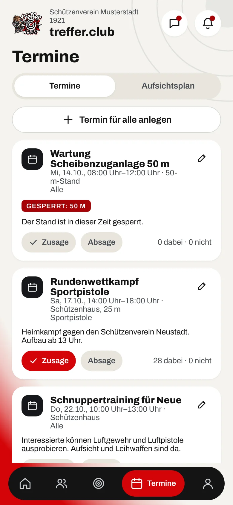 Terminübersicht mit Zu- und Absagen (Beispieldaten)